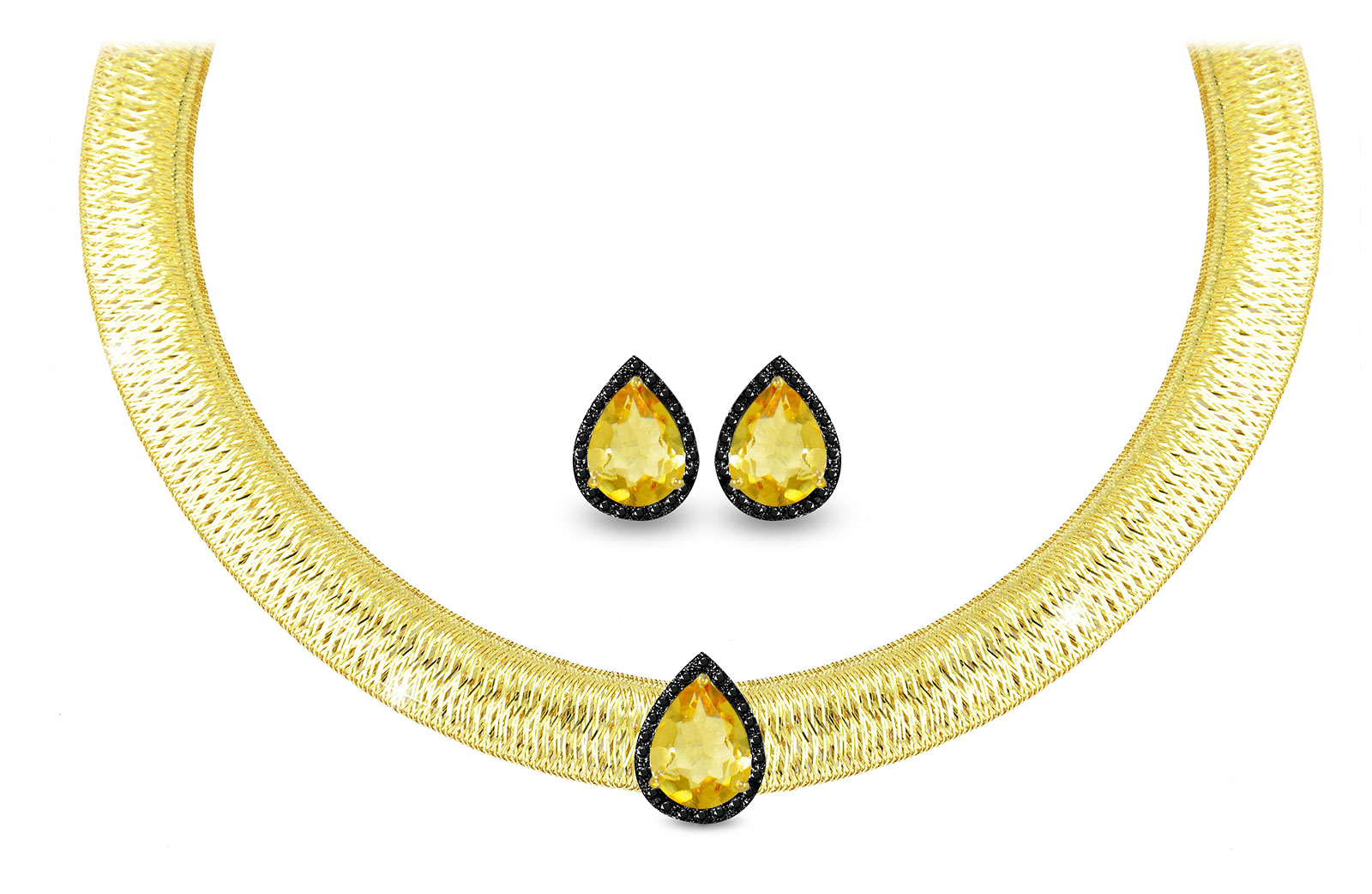 Vera Perla 18K Gold 0.36ct  Black Diamonds, Citrine Jewelry Set - 2 pcs.